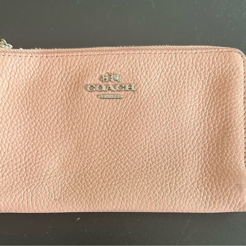 Coach double wristlet, light pink. One zip pocket has two card holders